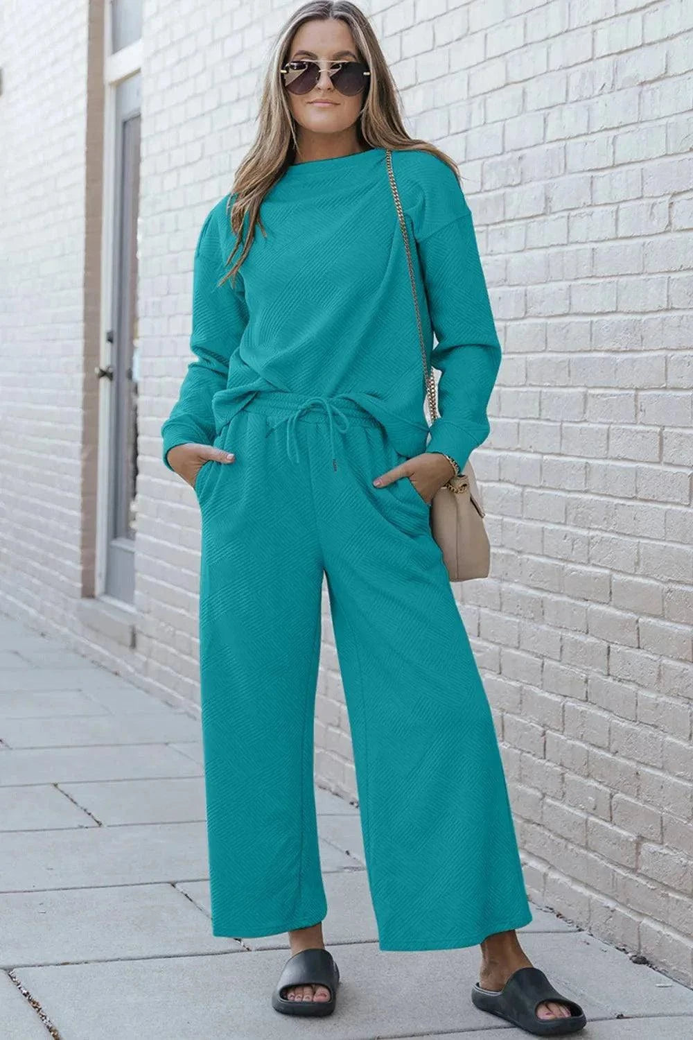 Textured Long Sleeve Set and Pants with Drawstring - Double Take Collection - Redemption By Ashley North
