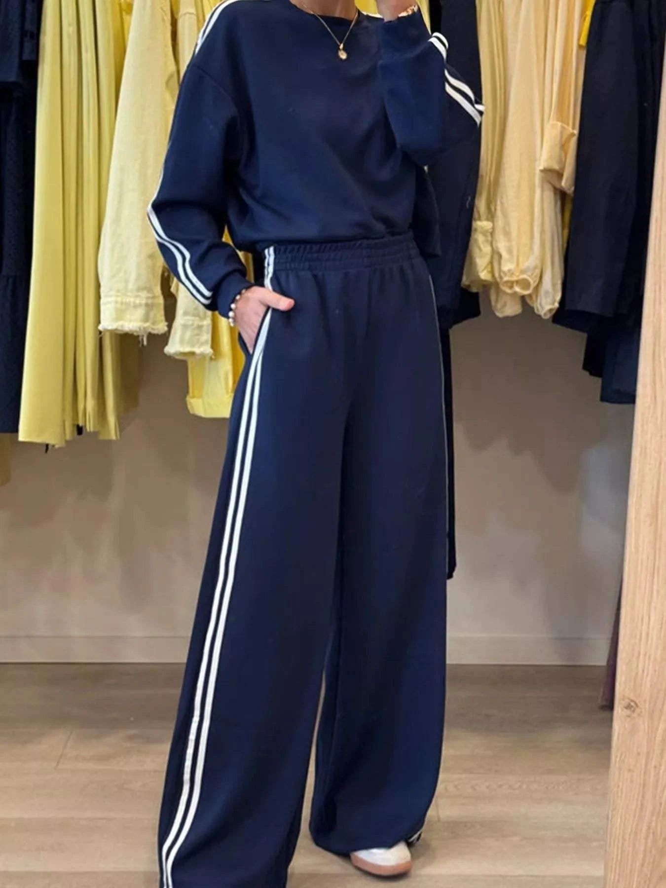 Navy striped detail crewneck top and elastic sweatpants set with contrast stitching