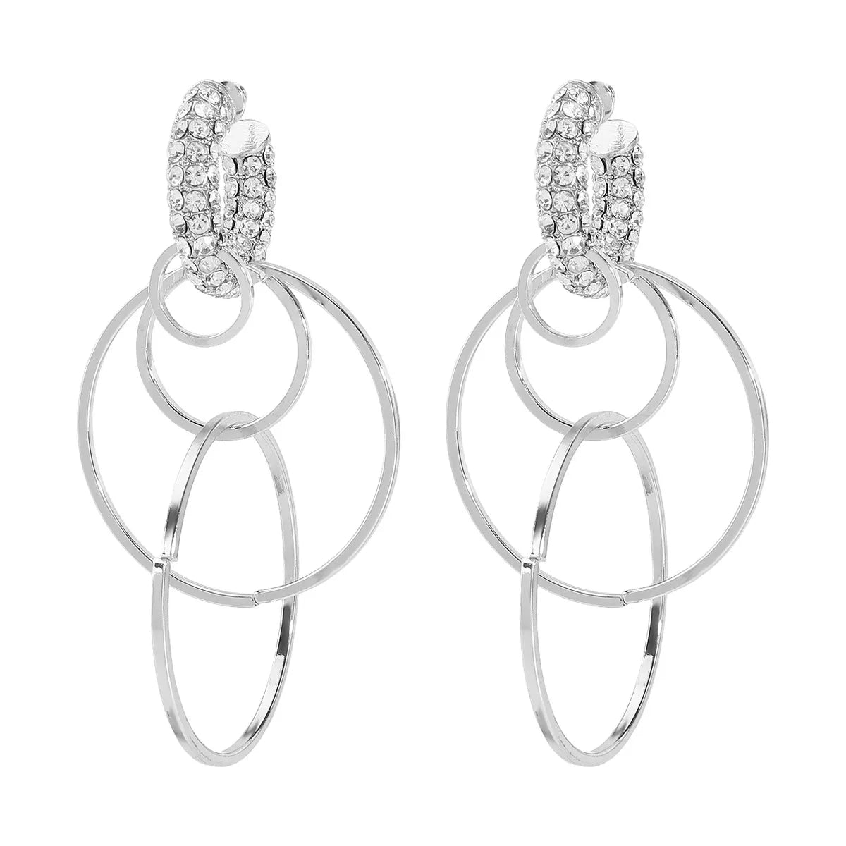 18K gold-plated rhinestone hoop dangle earrings with multiple silver hoops, 3-inch length, imported jewelry pair