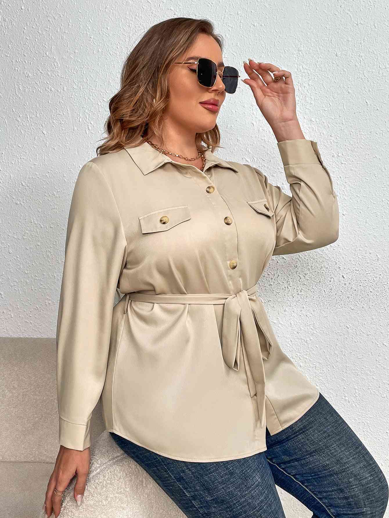 Melo Apparel Plus Size Tie Belt Shirt - Long Sleeve Women’s Fashion - Redemption By Ashley North