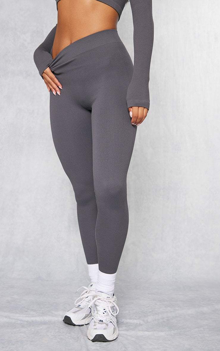 black structured contour ribbed leggings with high waist and slim fit design