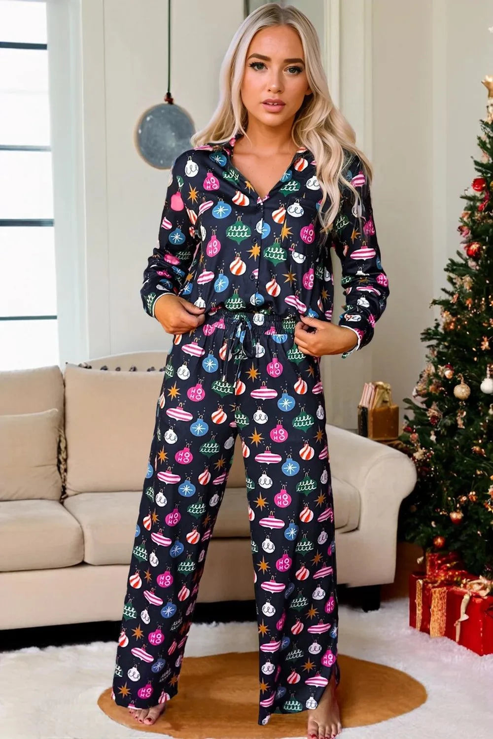 Christmas Lights Print Collared Neck Top and Pants SetFeatures: Basic style
Number of pieces: One-piece
Stretch: Slightly stretchy
Material composition: 95% polyester, 5% elastane
Care instructions: Machine wash cold. TRedemption By Ashley NorthChristmas Lights Print