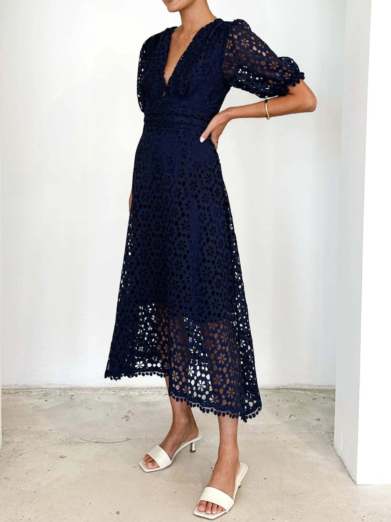Eyelet Lace V-Neck Midi Dress with Puff Sleeves - Redemption By Ashley North
