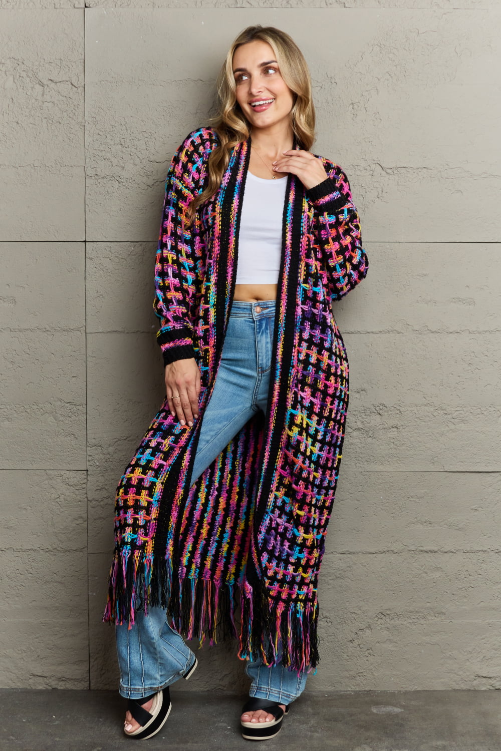 Angel Wings Full Size Multicolored Open Front Fringe Hem Cardigan.