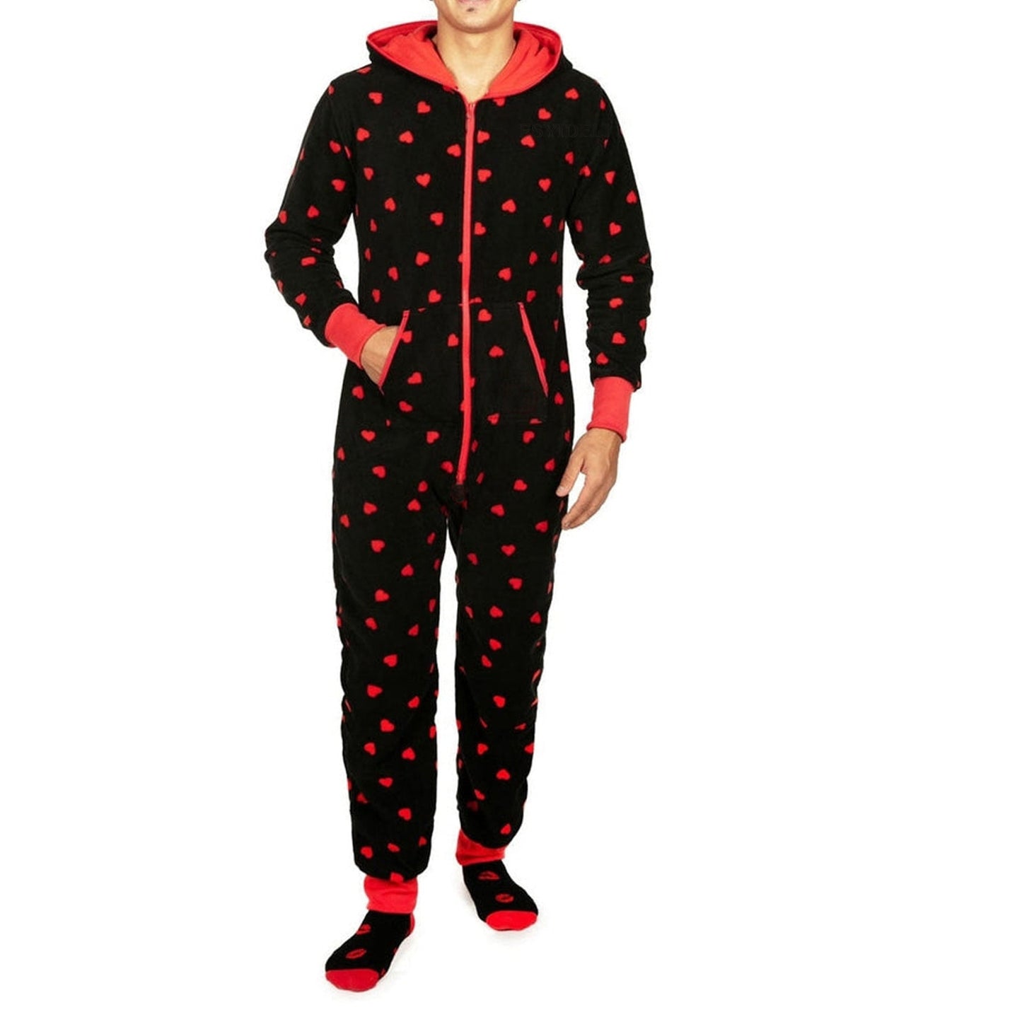 Christmas Autumn And Winter Hooded Love Print Onesie Pajamas