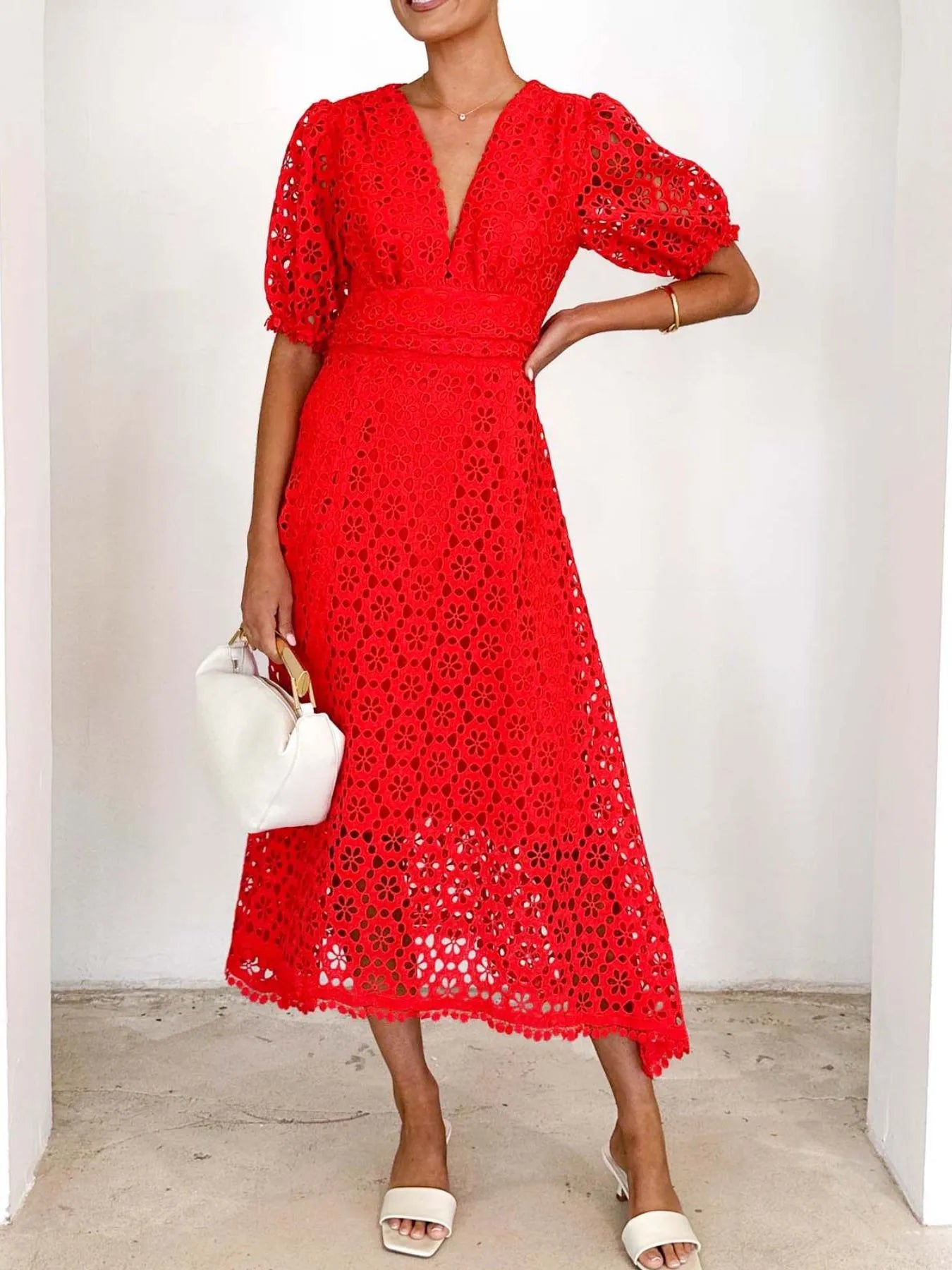 Eyelet Lace V-Neck Dress with Puff Sleeves - Elegant Midi Style.