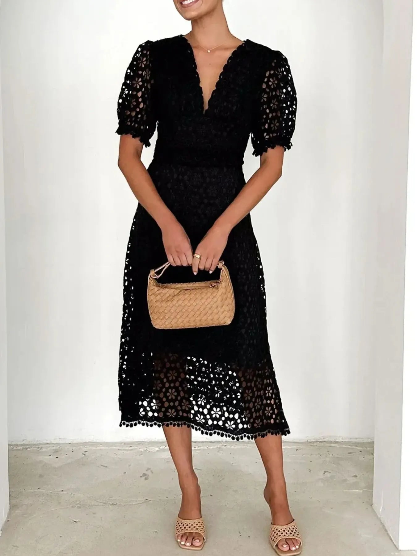 Eyelet Lace V-Neck Dress with Puff Sleeves - Elegant Midi Style.