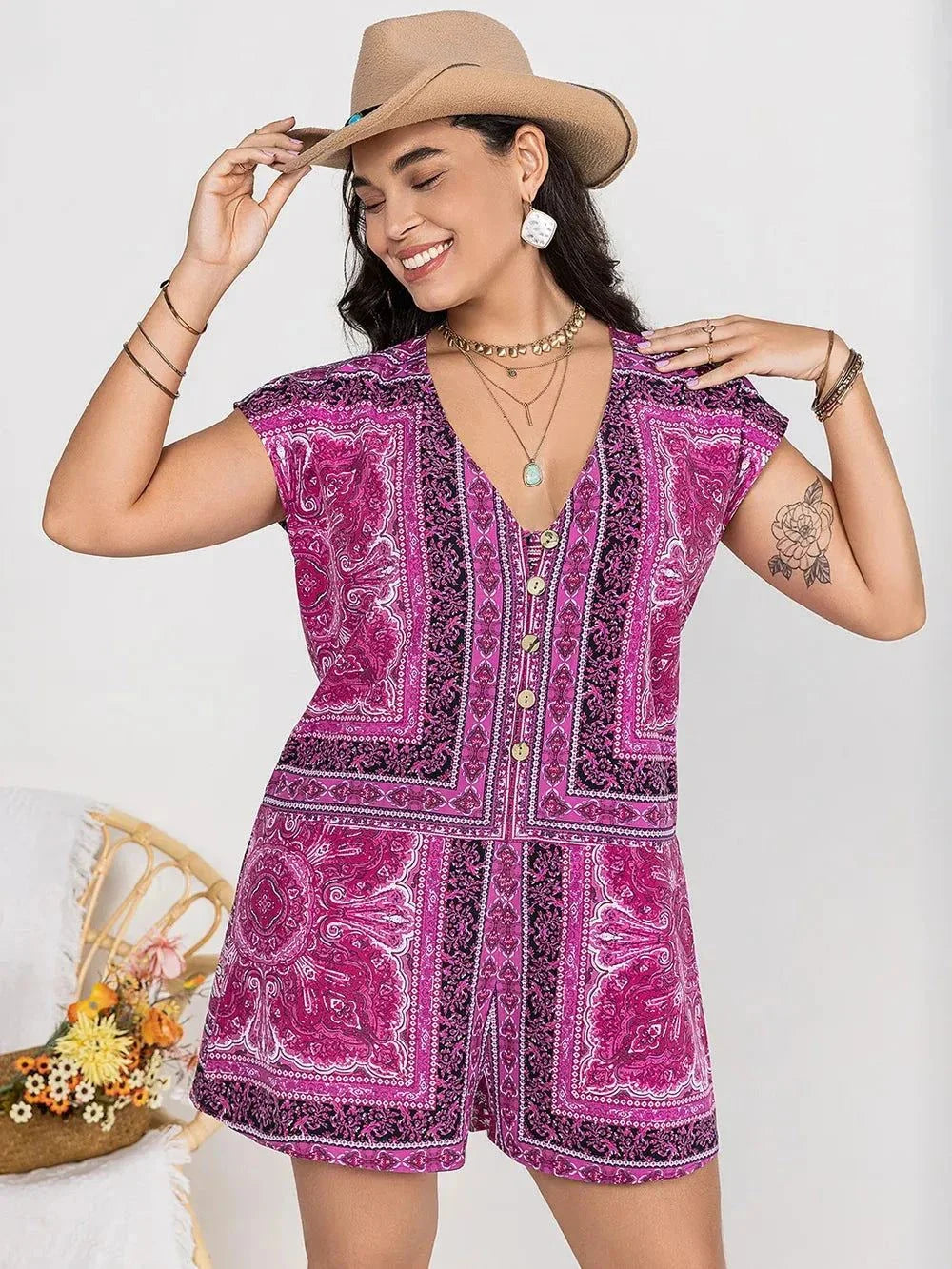 Plus Size V-Neck Romper with Cap Sleeves and Print Design - Redemption By Ashley North