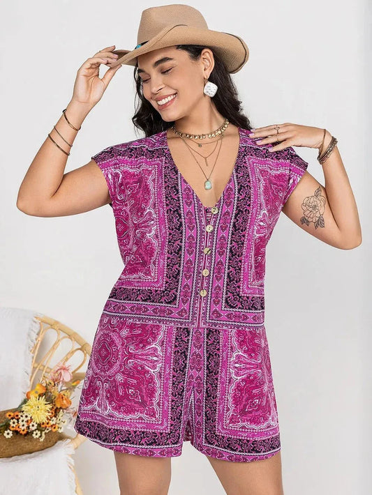 Plus Size V-Neck Romper with Cap Sleeves and Print Design - Redemption By Ashley North