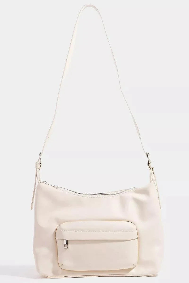 Beige Fame Glossy Faux Leather shoulder bag with front zip pocket and adjustable strap