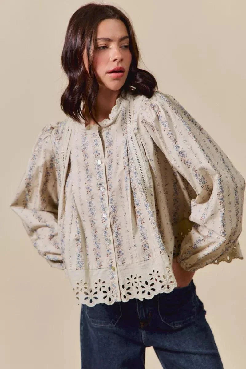 Womens floral print lace button-down shirt with ruffled sleeves and eyelet detailing