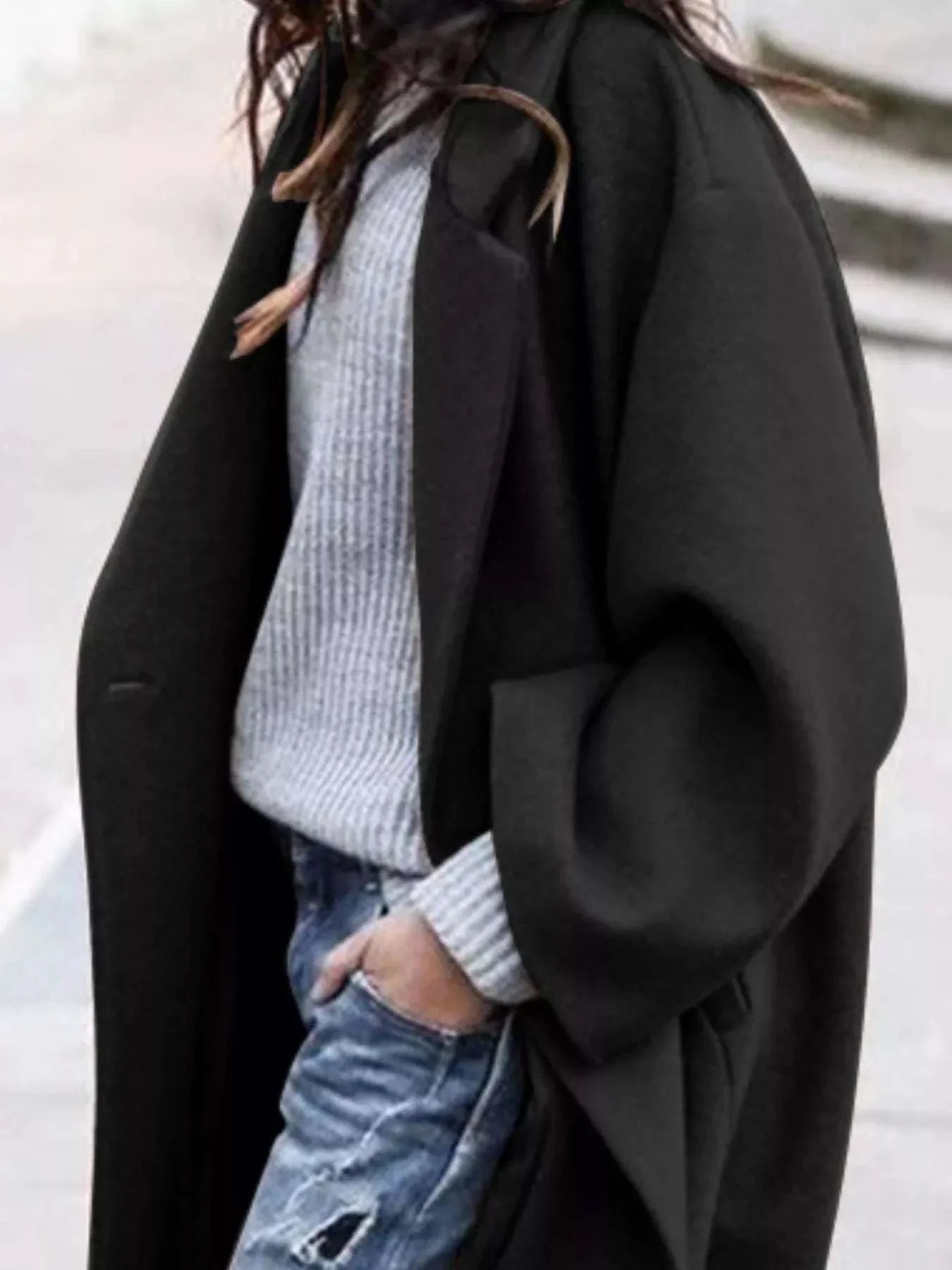 Plus size full size wool blend longline pocketed overcoat in black with buttoned front and lined body