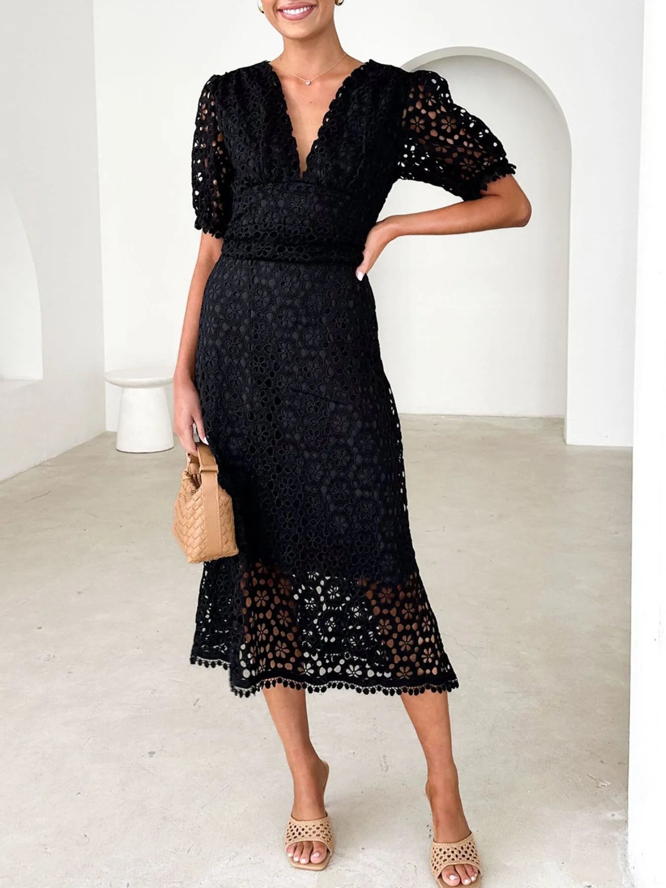 Eyelet Lace V-Neck Dress with Puff Sleeves - Elegant Midi Style.
