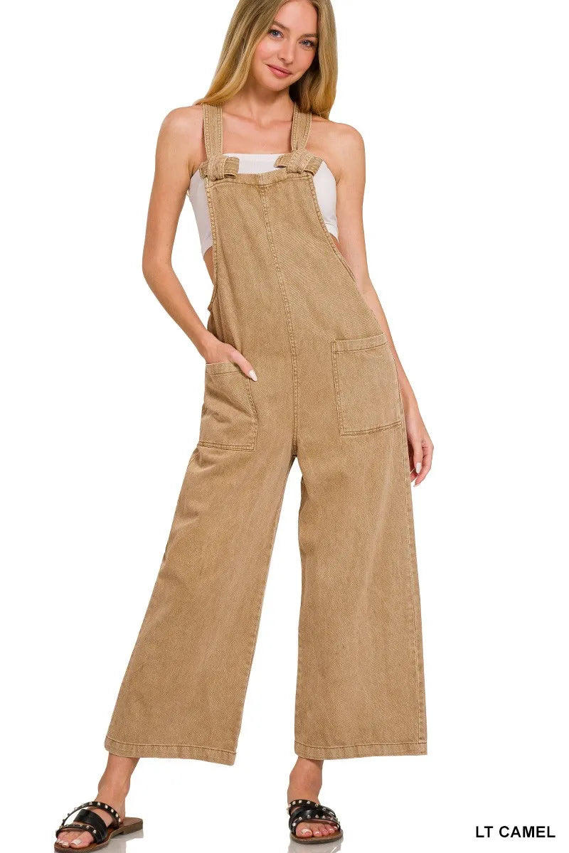 Zenana Washed Knot Strap Pockets Jumpsuit.