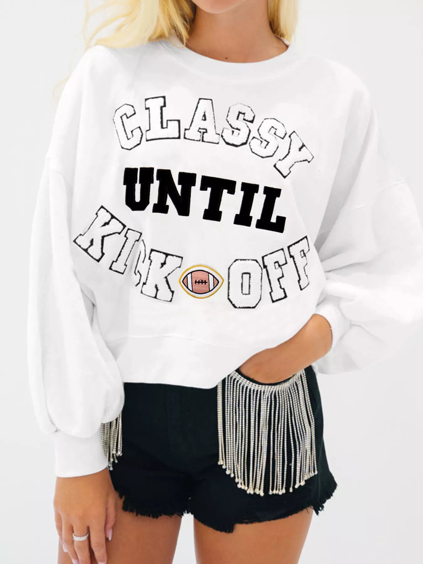 CLASSY UNTIL KICKOFF Plush Letter Patched Loose Sweatshirt.