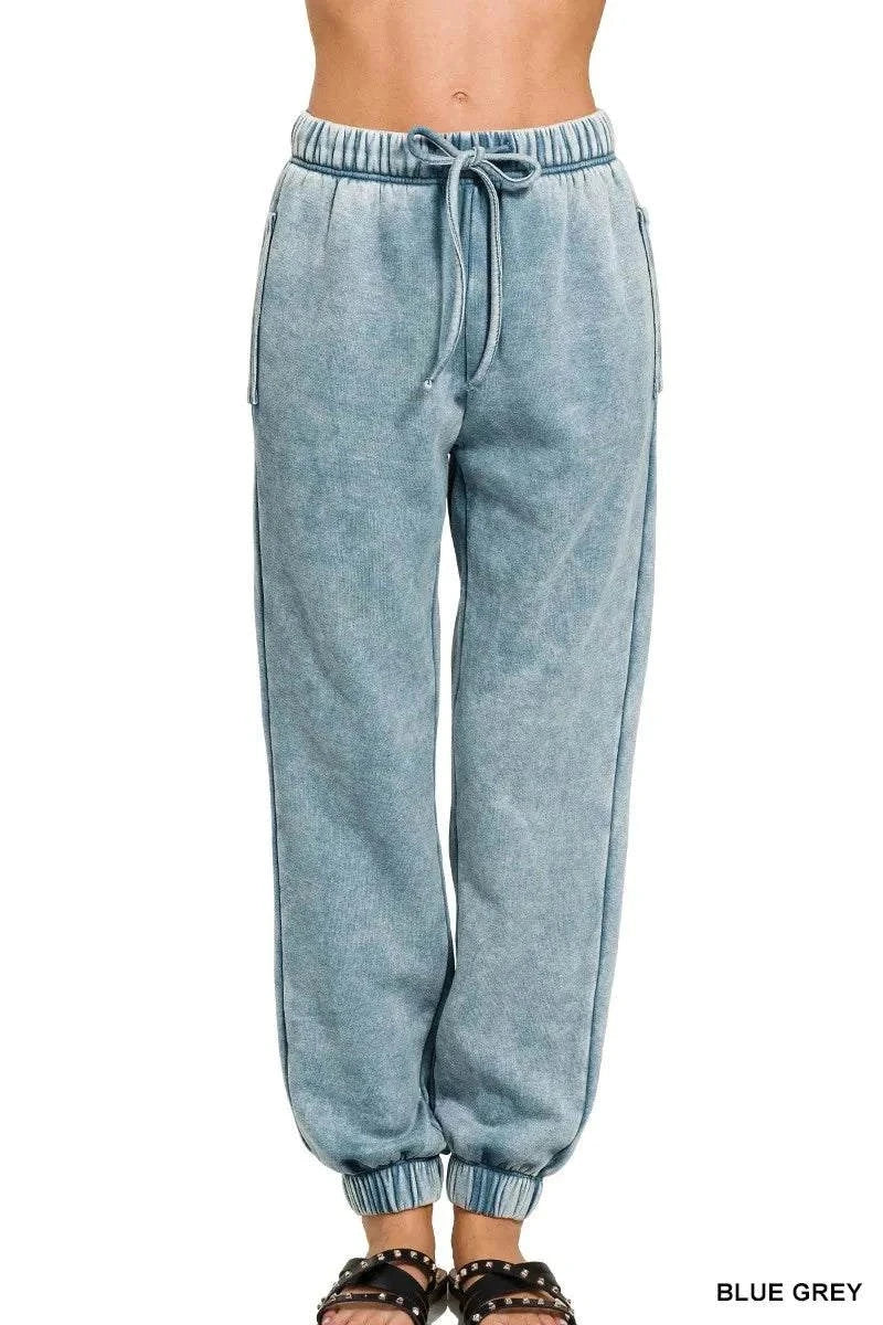 Zenana Acid Wash Fleece Sweatpants in blue grey with drawstring waist and pockets for casual comfort