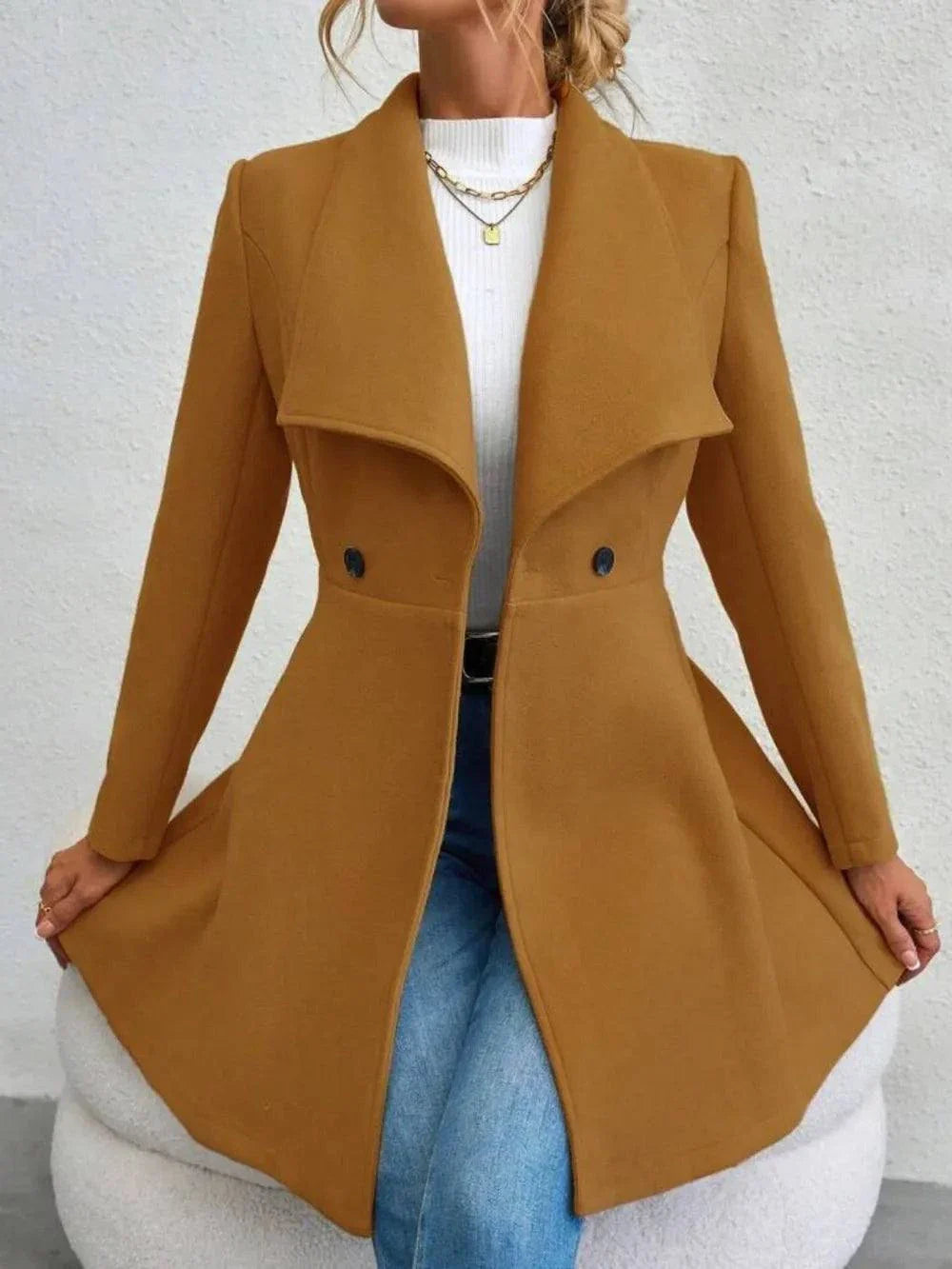 Women's collared neck button up long sleeve coat in brown, polyester material, basic style, machine washable