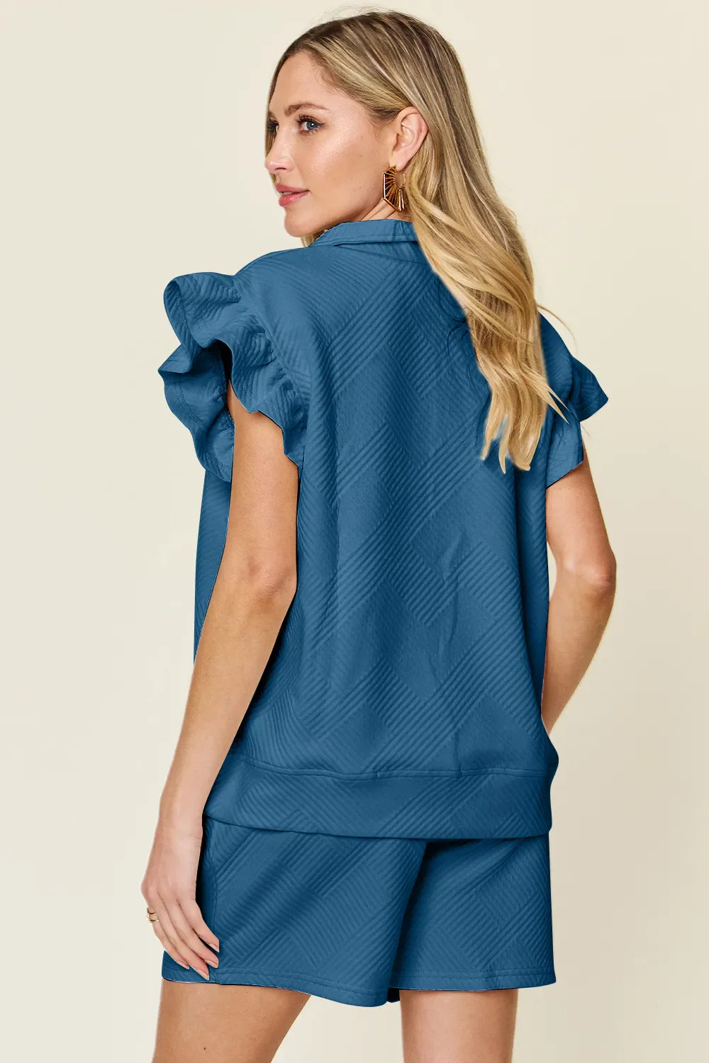 Double Take Full Size blue textured flounce sleeve top and drawstring shorts set back view