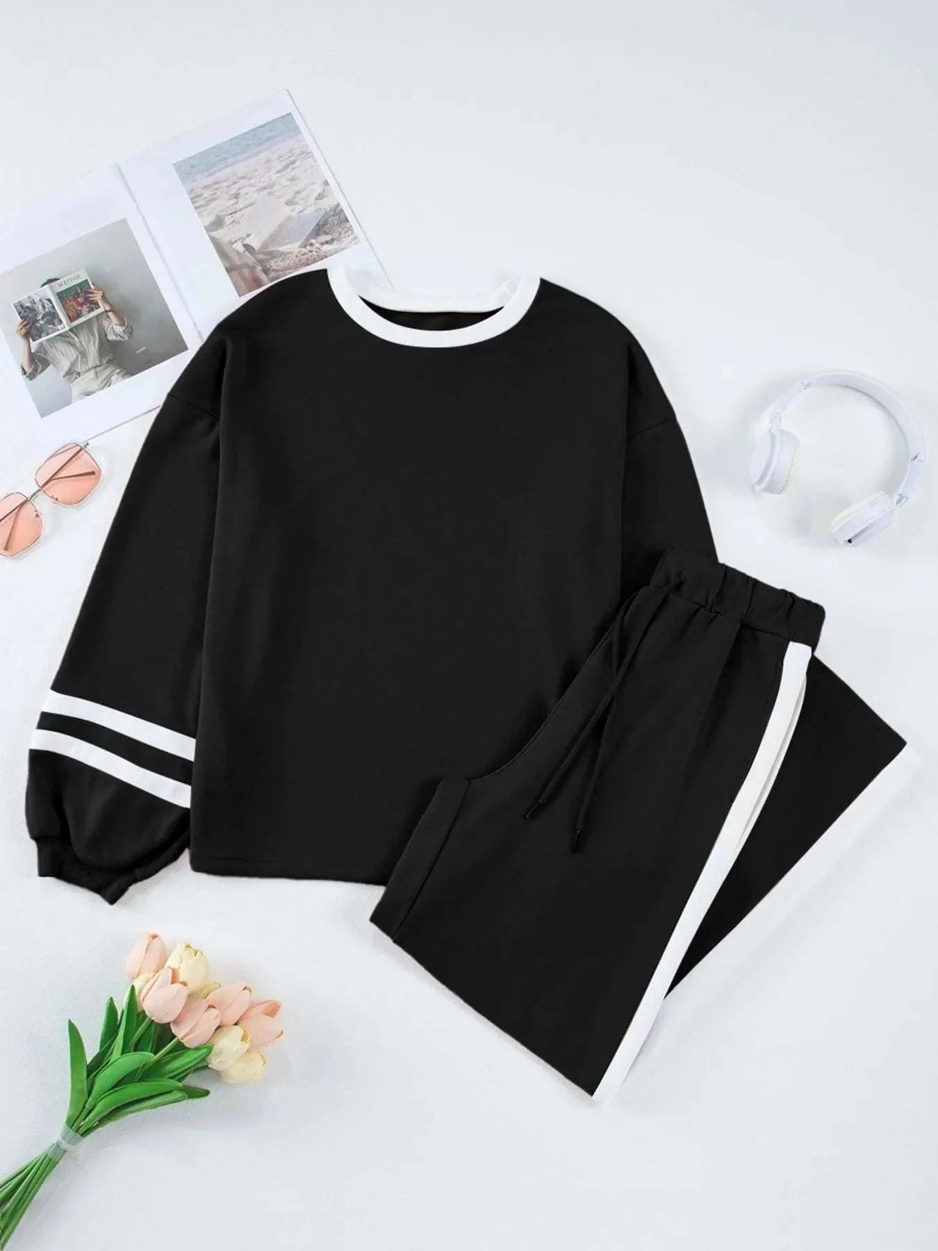 Black Contrast Trim Round Neck Top and Pants Set with Drawstring Waist and Slight Stretch