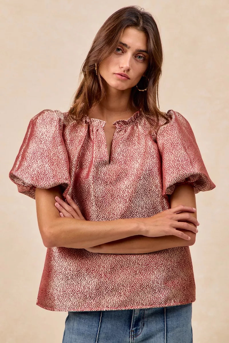 BiBi Jacquard woven short balloon sleeve V-neck top in textured fabric