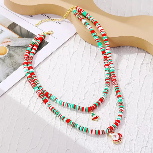 Alloy Christmas Necklace with Santa and Christmas Tree pendant in festive red, white, and green beads