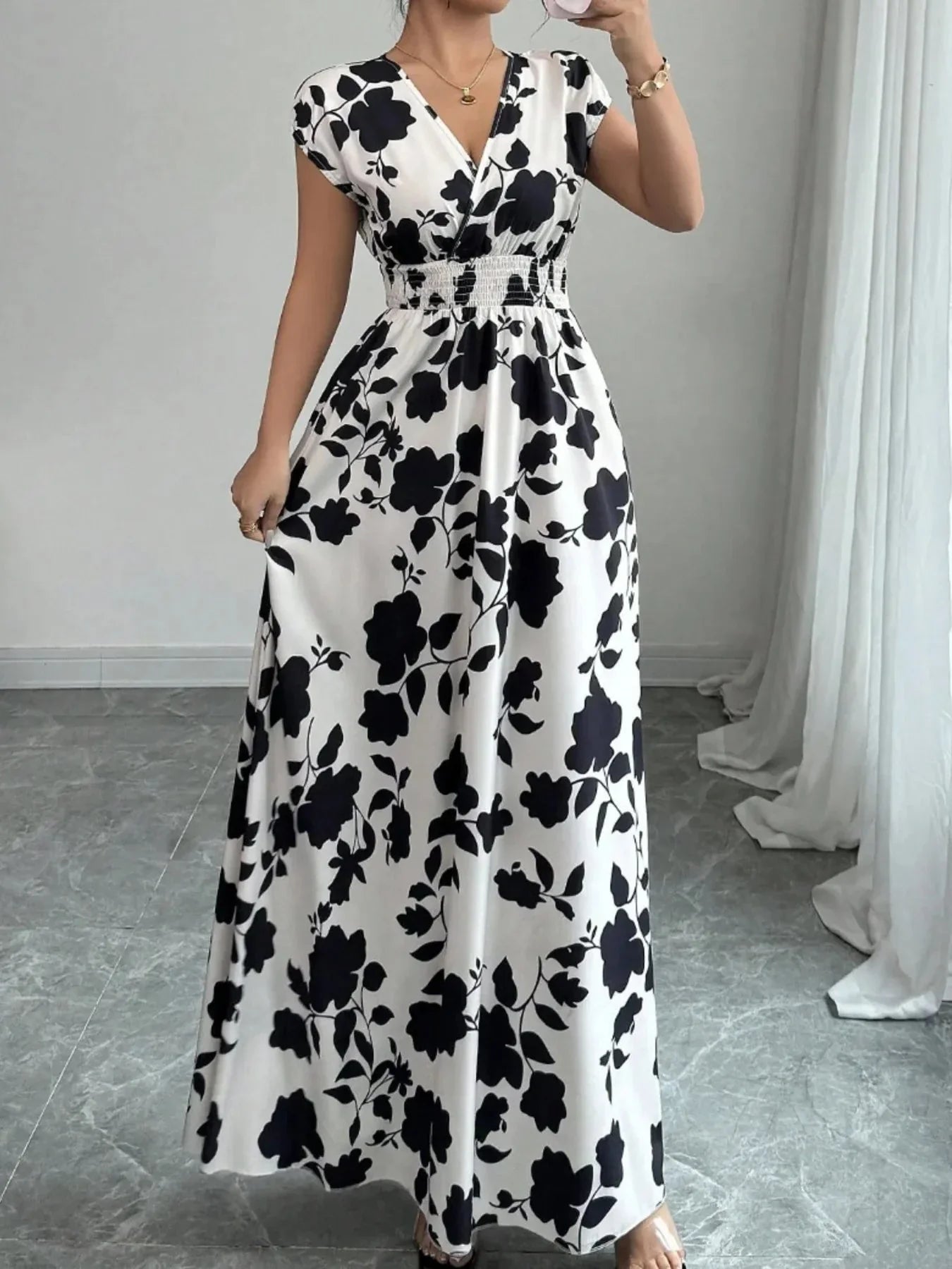 Printed Maxi Dress with Surplice Cap Sleeves - Elegant and Flowy Design - Redemption By Ashley North