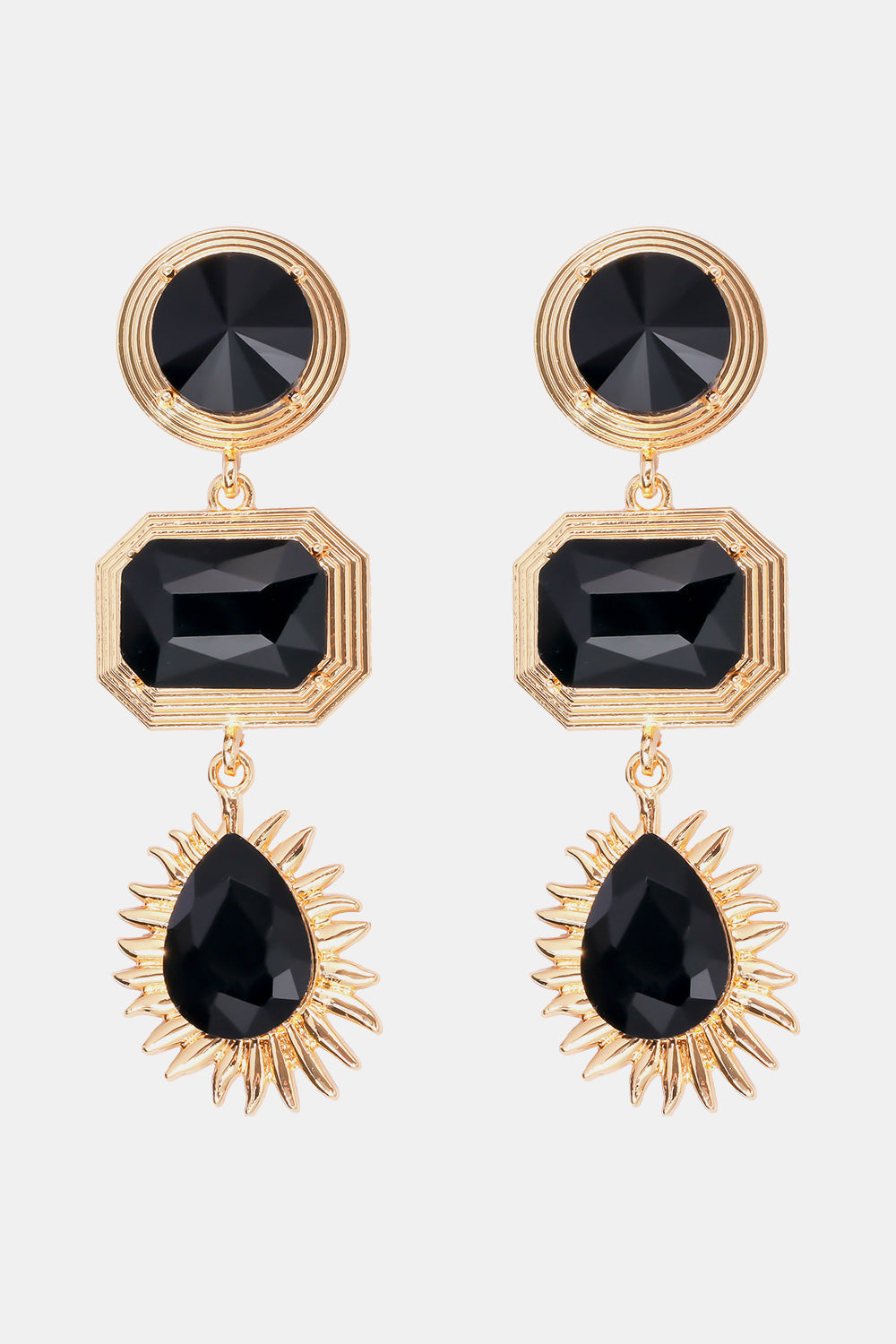 Geometrical shape zinc alloy frame glass dangle earrings with black stones and gold-tone detailing