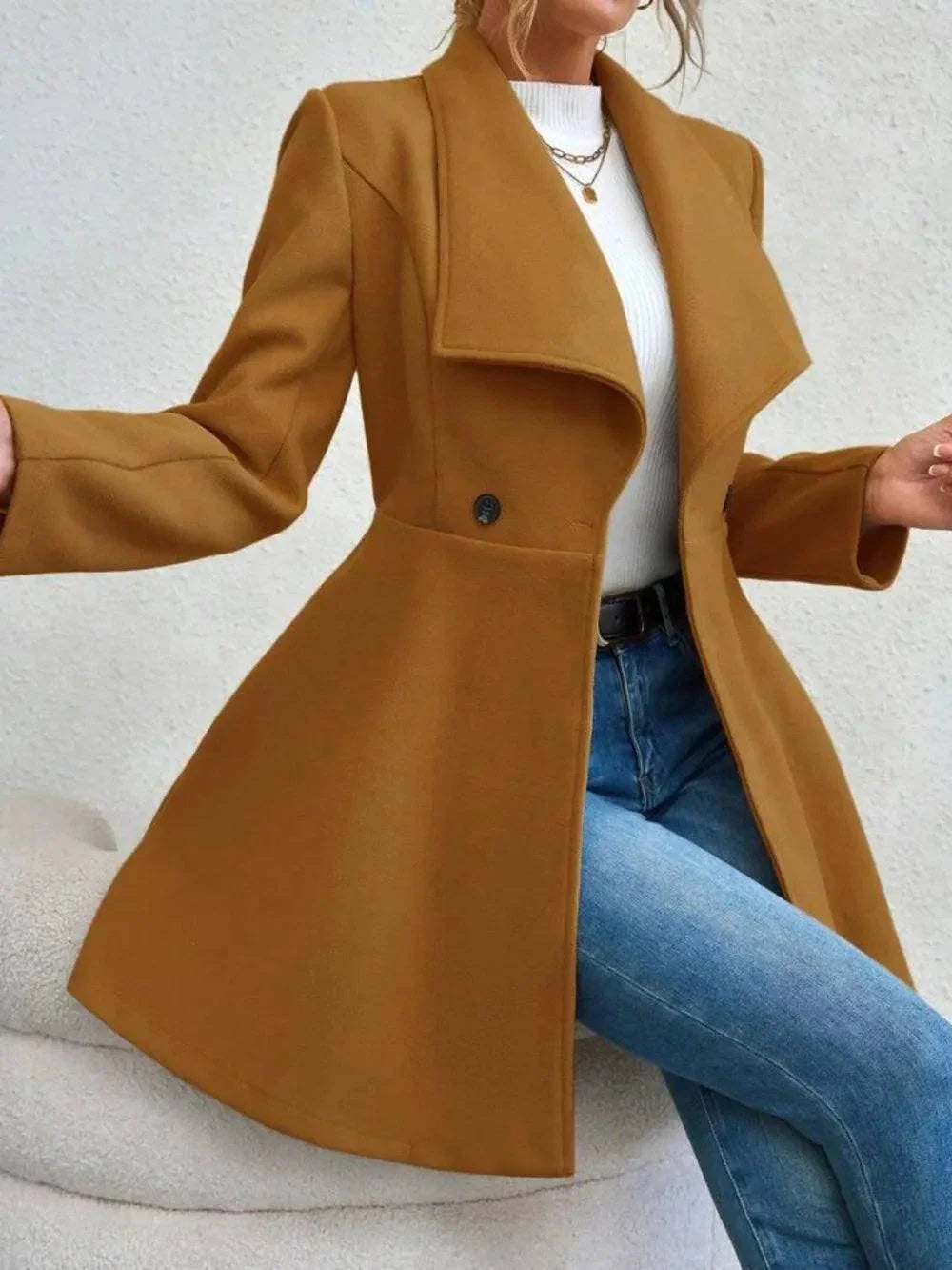 Collared neck button up long sleeve coat in brown polyester with basic style and normal thickness