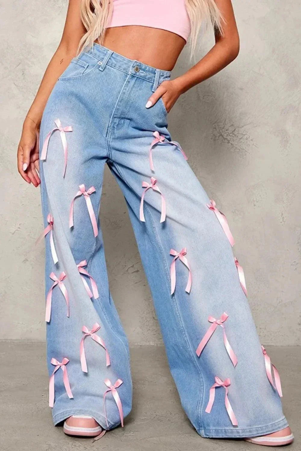 Bow Wide Leg Denim Jeans with Decorative Bow Detail - Redemption By Ashley North