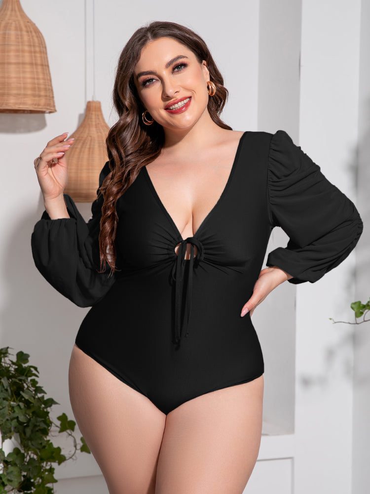 Plus Size One Piece Swimsuit with Tied Deep V and Balloon Sleeves - Redemption By Ashley North