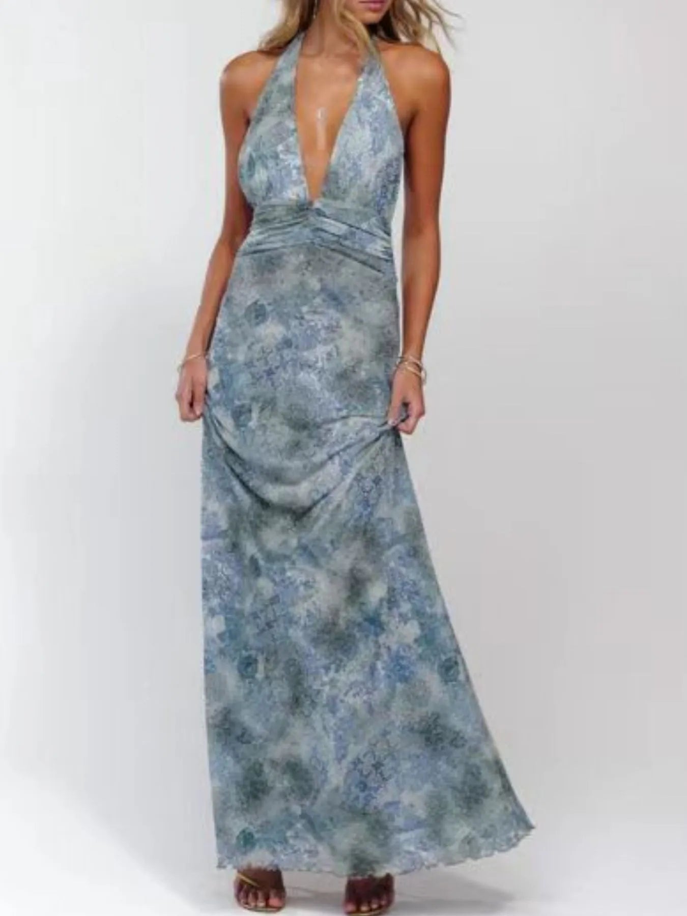 Floral Maxi Dress with Halter Neck and Deep V Design.