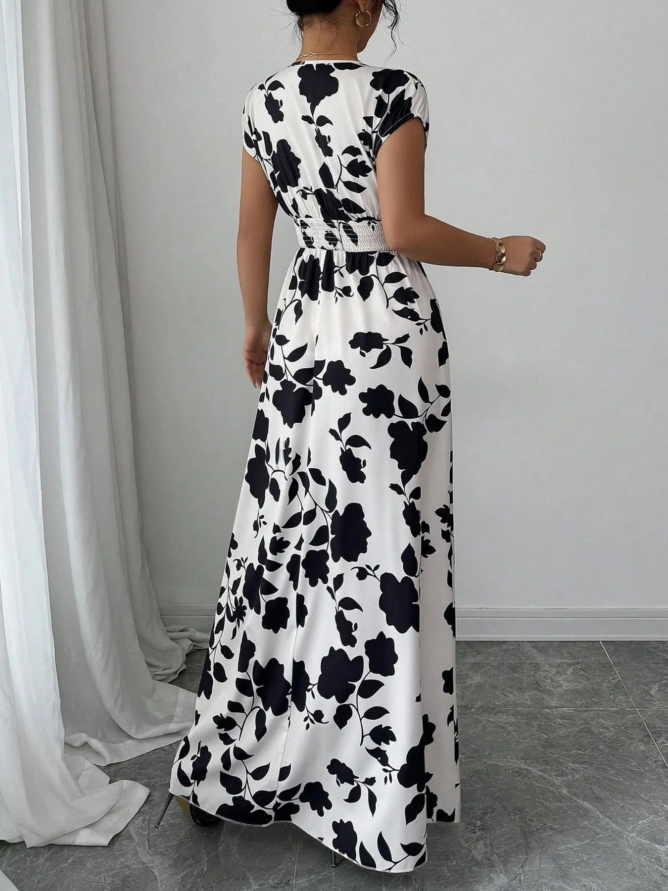 Printed Maxi Dress with Surplice Cap Sleeves - Elegant and Flowy Design - Redemption By Ashley North