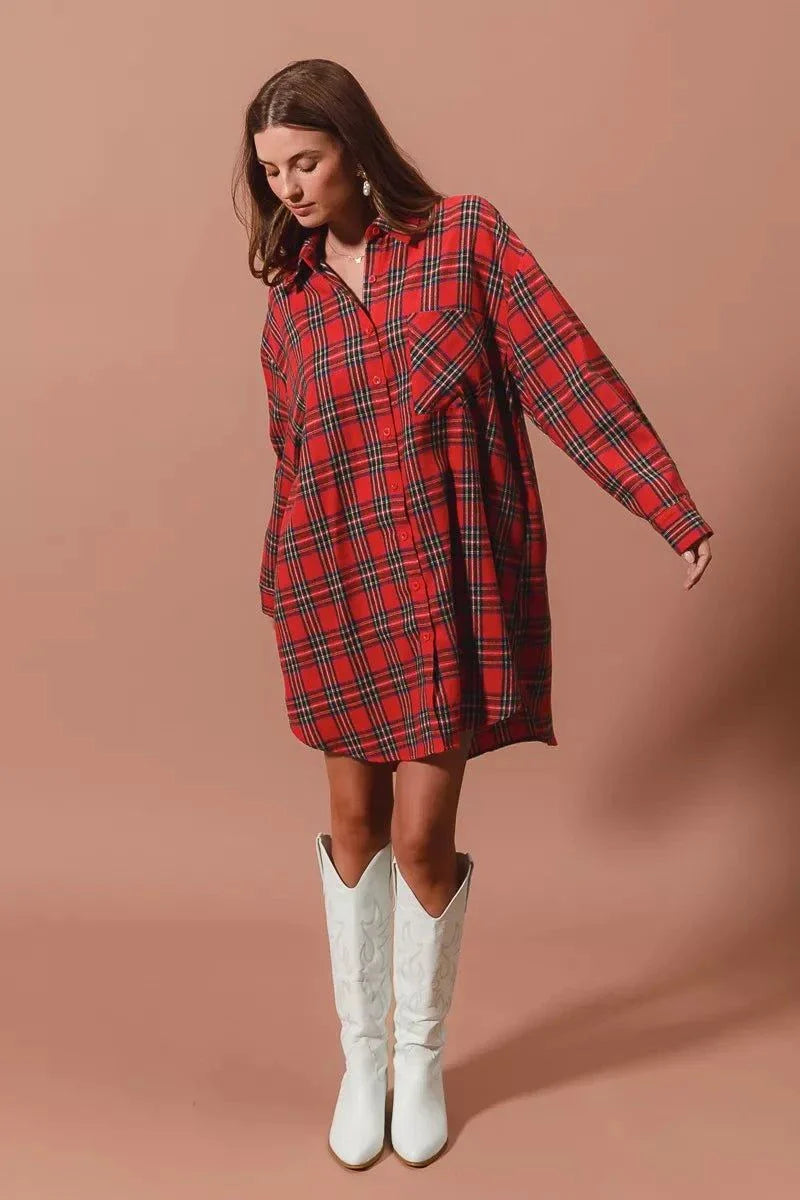 SO ME Christmas Checker Plaid Button Up Shirt DressThis Red Plaid Oversized Shirt Dress is a stylish and comfortable choice for any occasion. Made from a soft and breathable fabric, this dress features a classic plaiChristmas Checker Plaid