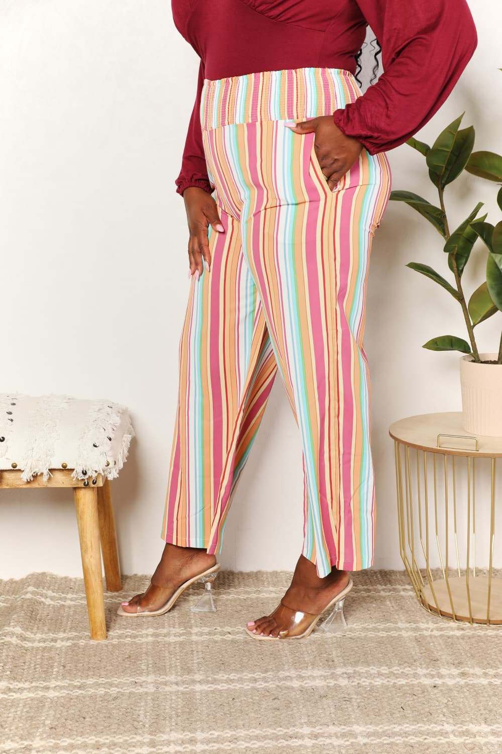 Double Take Striped Smocked Waist Pants with Pockets for Stylish Comfort - Redemption By Ashley North