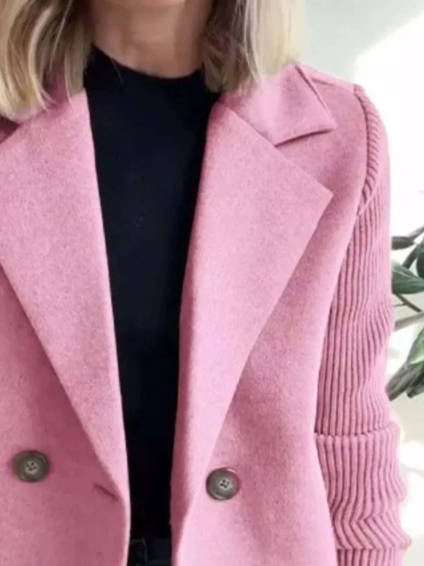 Plus size pink full size knit sleeve double-breasted outerwear with ribbed sleeves and button details