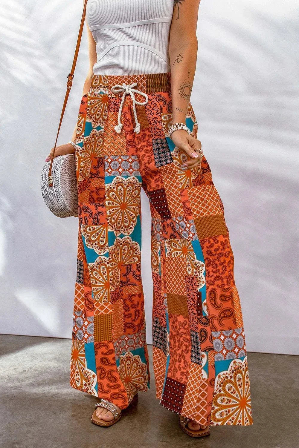 Full Size Drawstring Wide Leg Pants - Printed Women's Fashion Trousers - Redemption By Ashley North