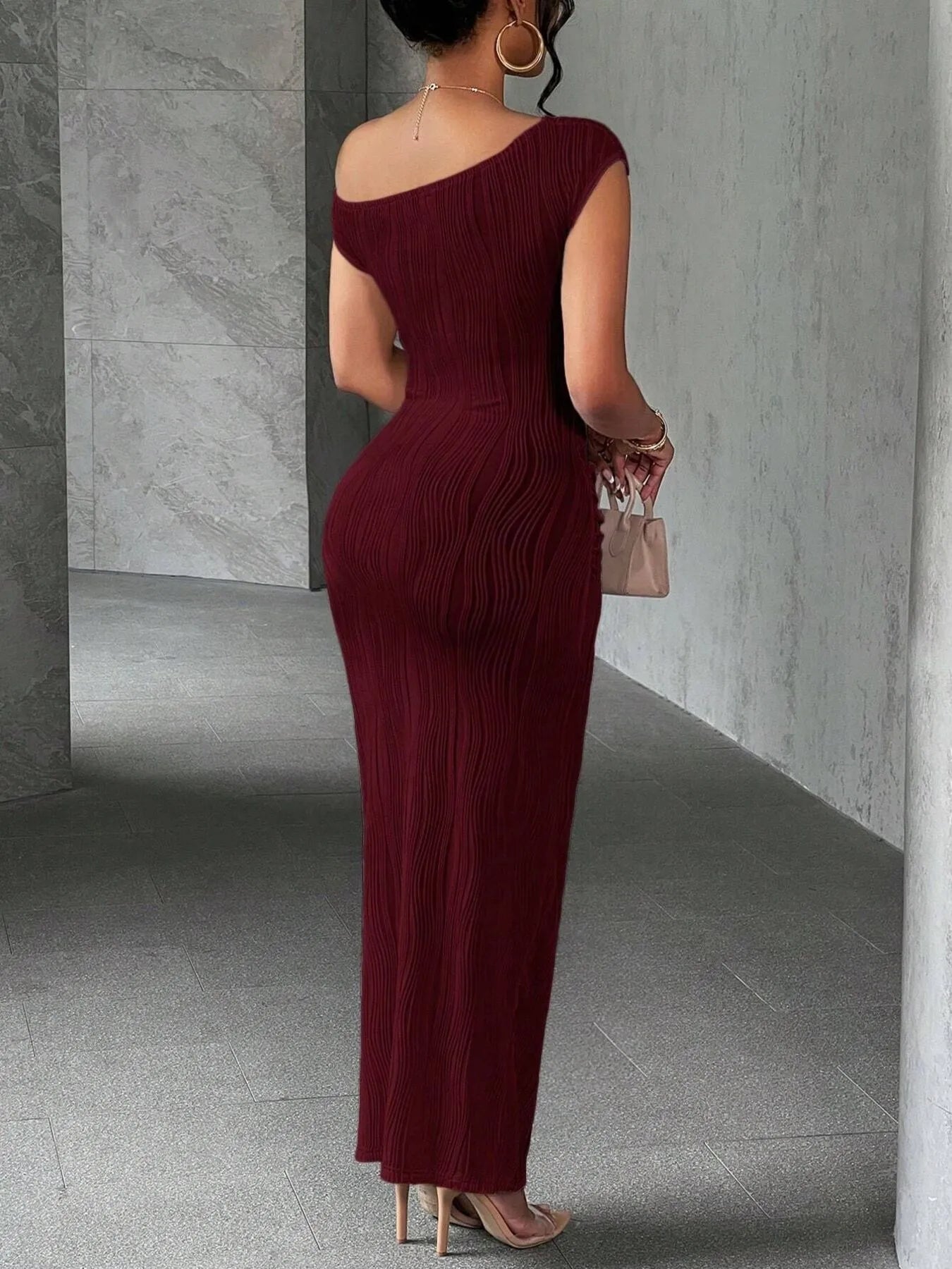 Textured Bodycon Maxi Dress with Single Shoulder Design - Redemption By Ashley North