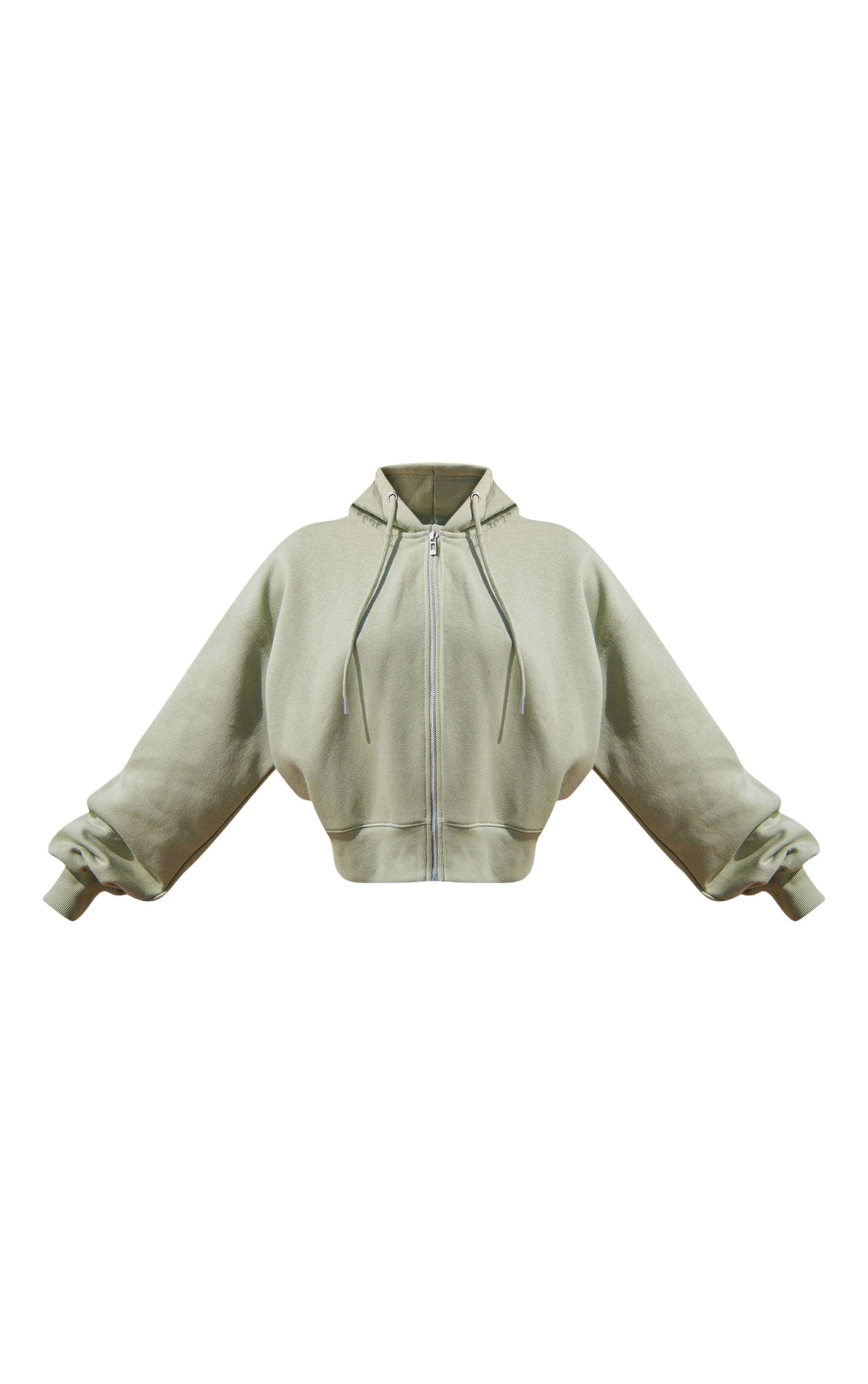 zip-up jacket with zip front and drawstring hood in neutral color