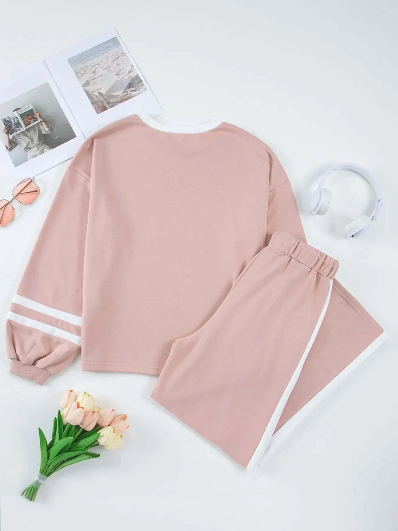 Pink two-piece set with contrast trim round neck top and drawstring pants