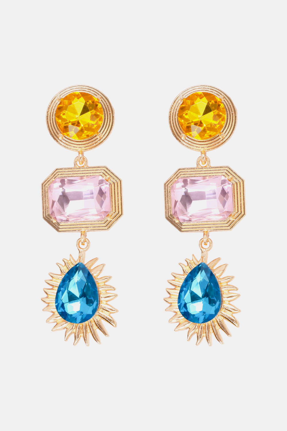 Geometrical shape zinc alloy frame glass dangle earrings with yellow, pink, and blue gemstones