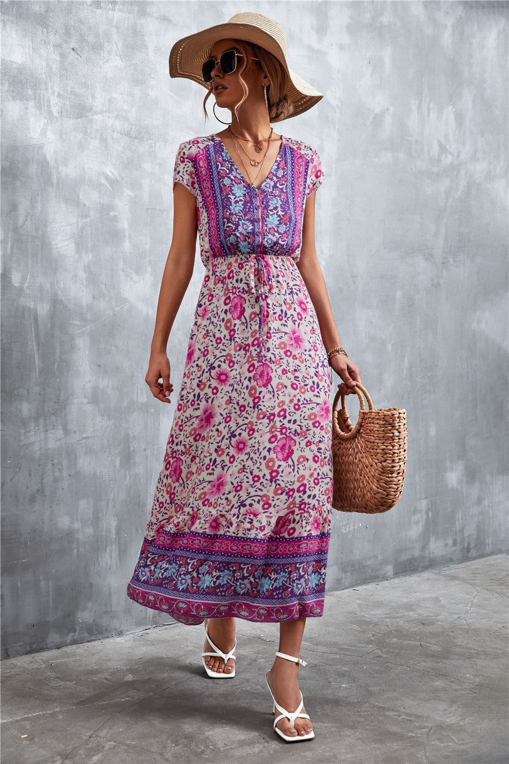Bohemian Maxi Dress for Women: V-Neck Short Sleeve Printed Maxi Dress - Redemption By Ashley North
