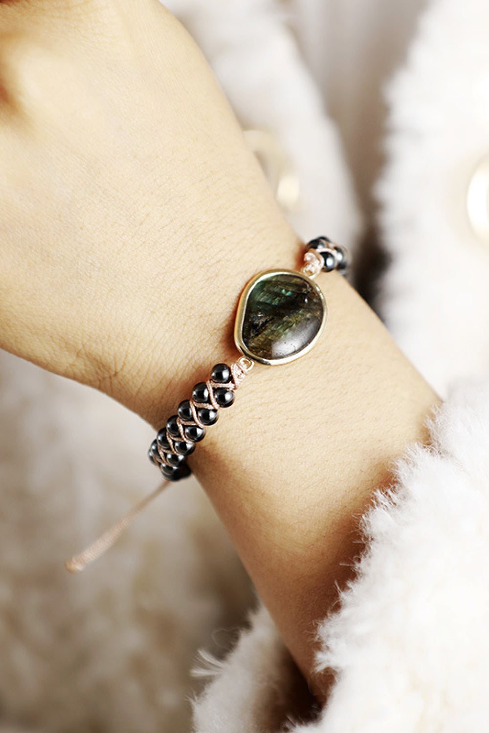 Natural Stone Beaded Bracelet with unique patterned stone and modern design on wrist