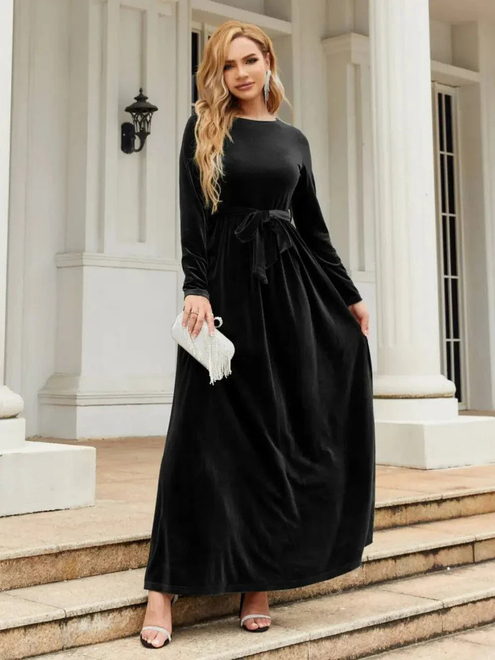 Black tie front round neck long sleeve maxi dress with slight stretch and opaque fabric