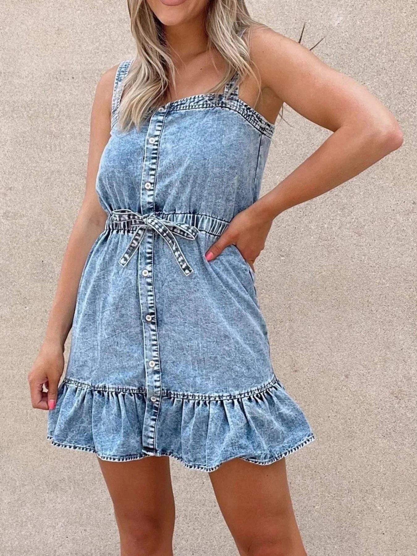 Casual Denim Mini Dress with Ruffled Hem and Tie Waist for Effortless Style - Redemption By Ashley North