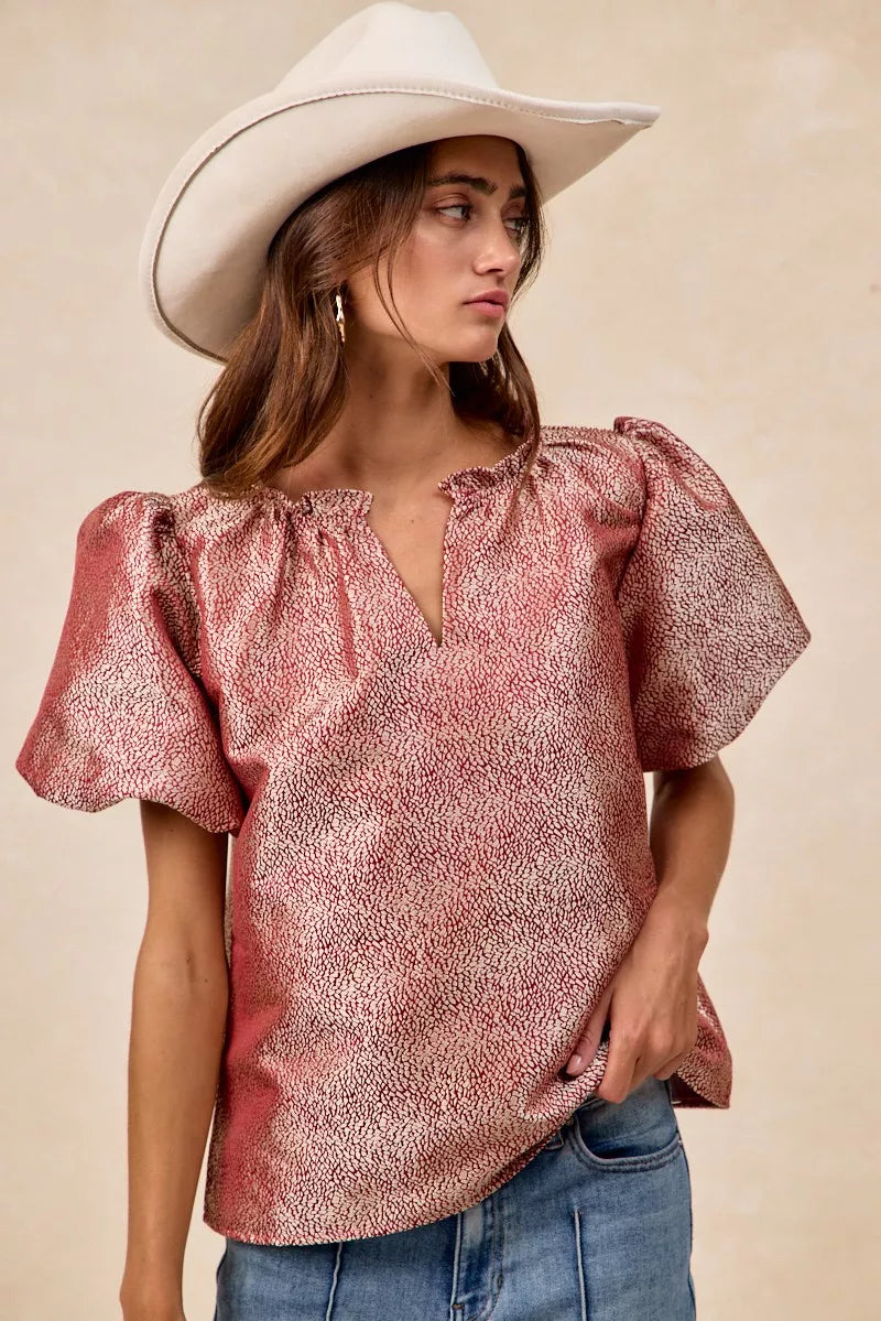 Woman wearing BiBi Jacquard Woven short balloon sleeves V-neck top with ruffled details and no stretch