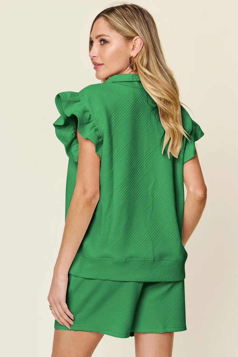 Double Take Full Size green textured flounce sleeve top and drawstring shorts set from back view