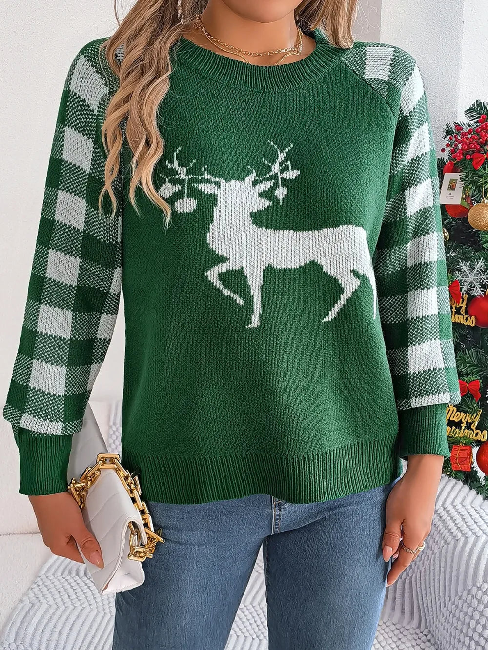 Reindeer Plaid Round Neck Long Sleeve Sweater.