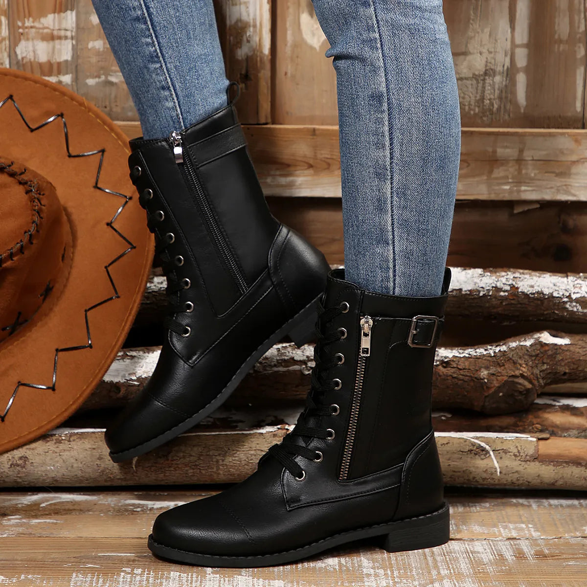 Round Toe Lace Up Block Heels Boots.