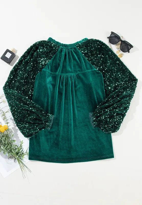 Green sequin notched long sleeve blouse with slightly stretchy fabric and opaque design