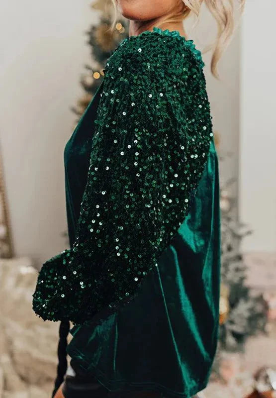 Green sequin notched long sleeve blouse with slightly stretchy polyester and elastane blend fabric